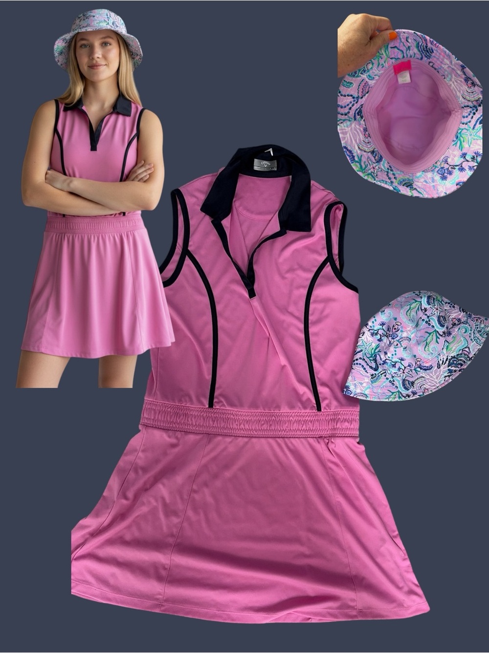 Callaway Pink Sleeveless Tennis Dress with Black Trim And Lilly Pullitzer Hat